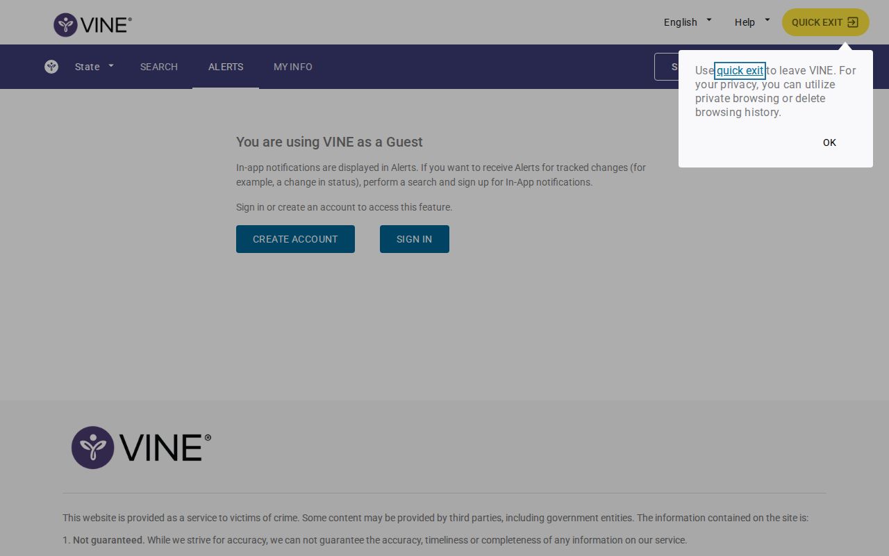 VINELink notification management screen for custody alerts
