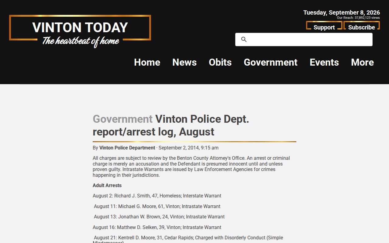 Historical Vinton police arrest report source page for Benton County records