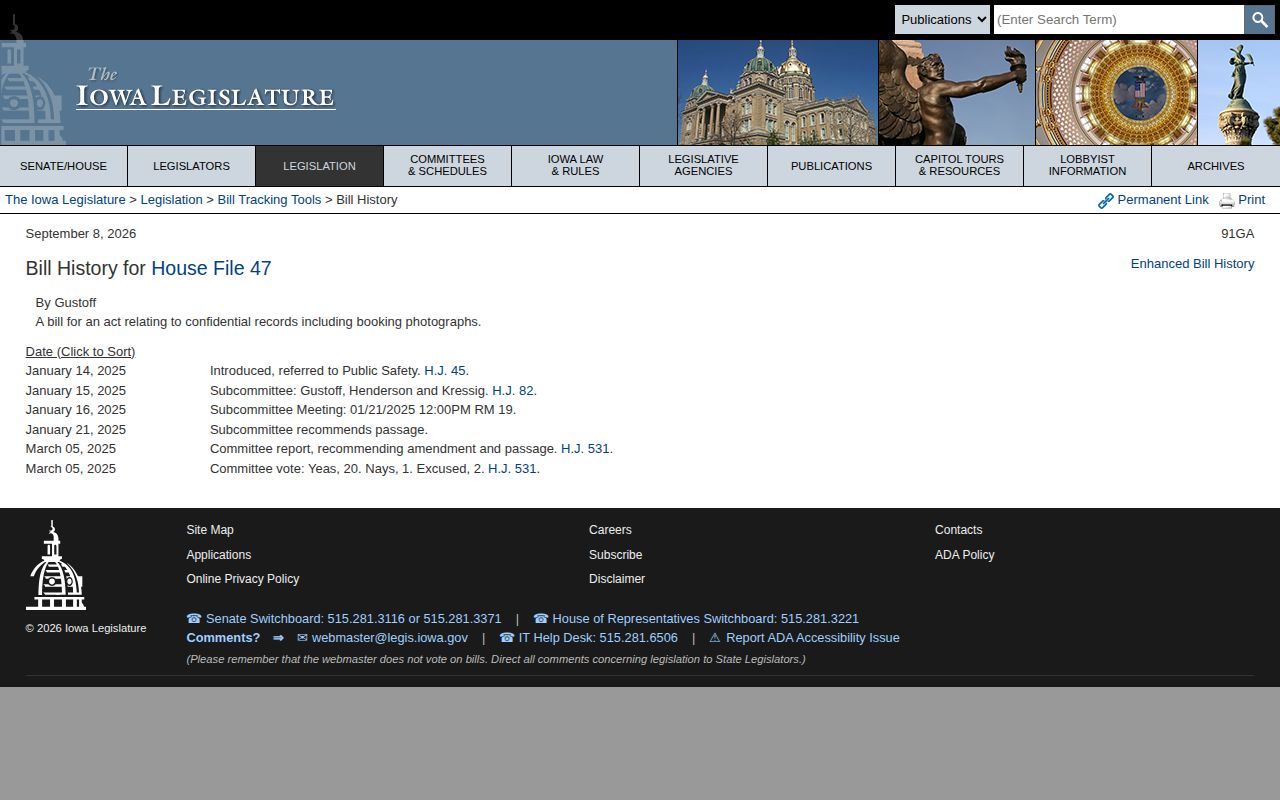 Iowa HF47 booking photo arrest law history