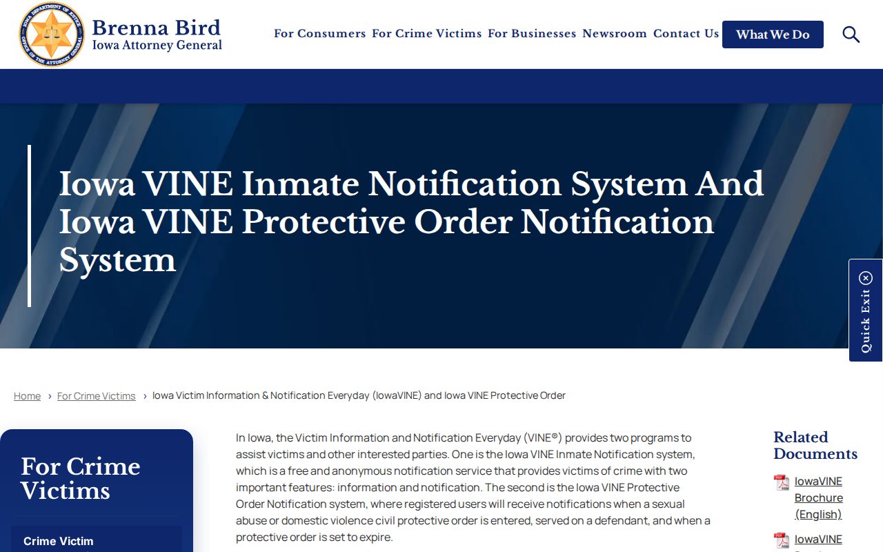 Official IowaVINE information describing custody notifications